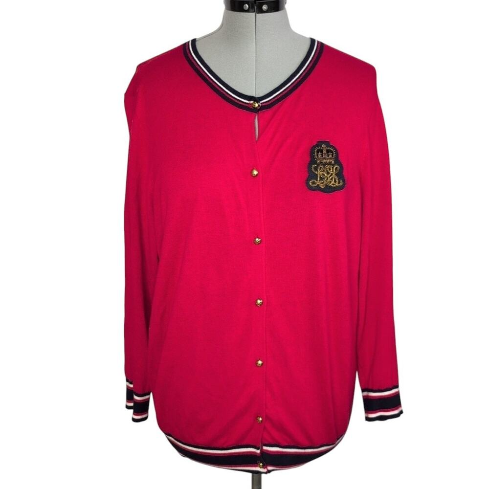 Lauren Ralph Lauren Red Bullion Patch Cotton Modal Button Cardigan Sweater Large
